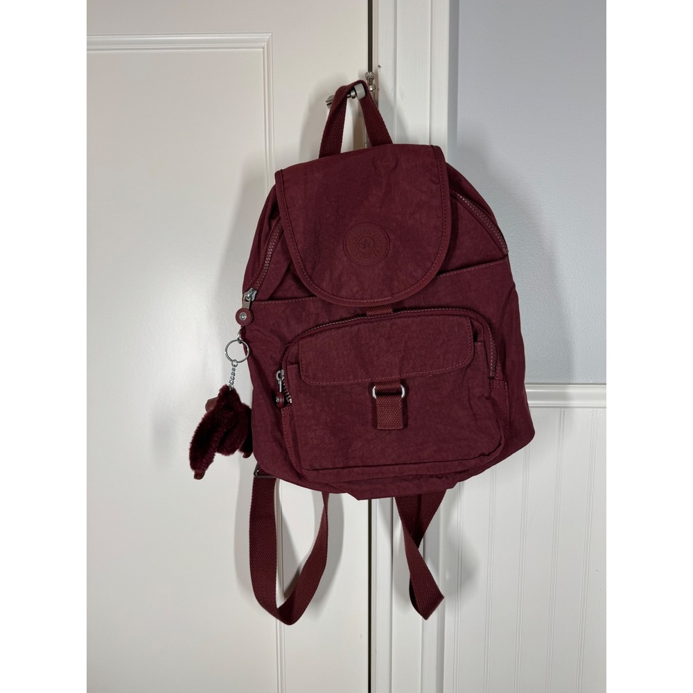 Kipling City Pack Small Backpack Unisex Burgundy Nylon Monkey Everyday Charm